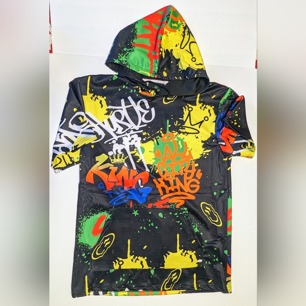 Men's Fashion Graffiti Print Short Sleeve Hoodie with Jogger Shorts Set - Picture 3 of 6